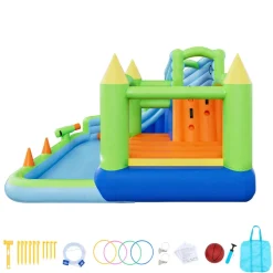 VEVOR Inflatable Bounce House, 11.6 x 13.1 x 7.7 ft Inflatable Bounce House Water Slide, Bouncer Castle with Bounces Zone, Climbing Wall, Splash Pool & Water Ring Toss, for 3 to 4 Kids Ages 3 to 8