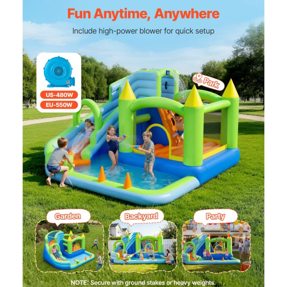 VEVOR Inflatable Bounce House, 11.6 x 13.1 x 7.7 ft Inflatable Bounce House Water Slide, Bouncer Castle with Bounces Zone, Climbing Wall, Splash Pool & Water Ring Toss, for 3 to 4 Kids Ages 3 to 8