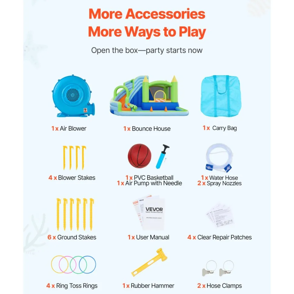 VEVOR Inflatable Bounce House, 11.6 x 13.1 x 7.7 ft Inflatable Bounce House Water Slide, Bouncer Castle with Bounces Zone, Climbing Wall, Splash Pool & Water Ring Toss, for 3 to 4 Kids Ages 3 to 8