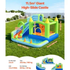 VEVOR Inflatable Bounce House, 11.6 x 13.1 x 7.7 ft Inflatable Bounce House Water Slide, Bouncer Castle with Bounces Zone, Climbing Wall, Splash Pool & Water Ring Toss, for 3 to 4 Kids Ages 3 to 8