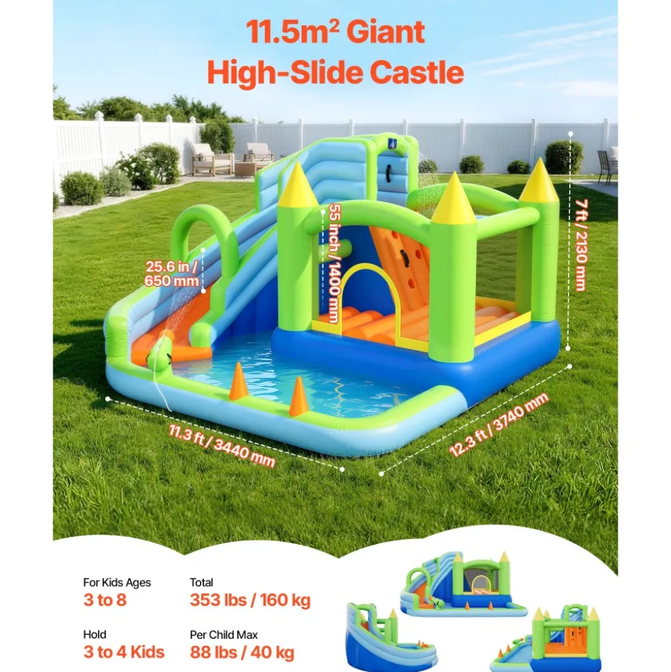 VEVOR Inflatable Bounce House, 11.6 x 13.1 x 7.7 ft Inflatable Bounce House Water Slide, Bouncer Castle with Bounces Zone, Climbing Wall, Splash Pool & Water Ring Toss, for 3 to 4 Kids Ages 3 to 8