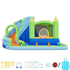 VEVOR Inflatable Bounce House, 11.6 x 13.1 x 7.7 ft Inflatable Bounce House Water Slide, Bouncer Castle with Bounces Zone, Climbing Wall, Splash Pool & Water Ring Toss, for 3 to 4 Kids Ages 3 to 8