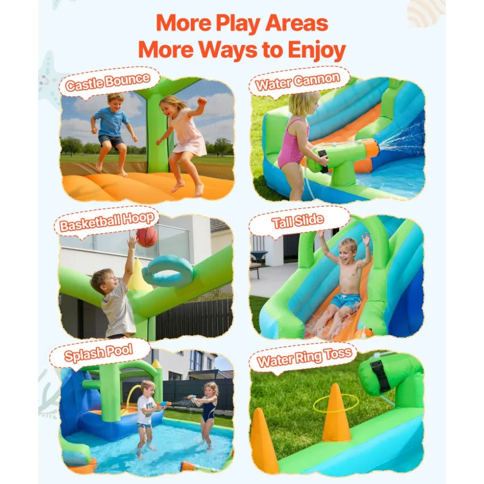 VEVOR Inflatable Bounce House, 11.6 x 13.1 x 7.7 ft Inflatable Bounce House Water Slide, Bouncer Castle with Bounces Zone, Climbing Wall, Splash Pool & Water Ring Toss, for 3 to 4 Kids Ages 3 to 8