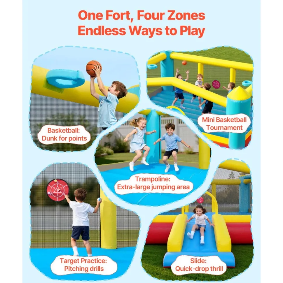 VEVOR Inflatable Bounce House, 14.7 x 13.8 x 6.8 ft Jumping Bouncy Castle, Inflatable Jumper for Kids with Slide, Basketball Hoop, Target Game & Jumping Area, Jumpings House Holds 3-4 Kids (Ages 3-8)