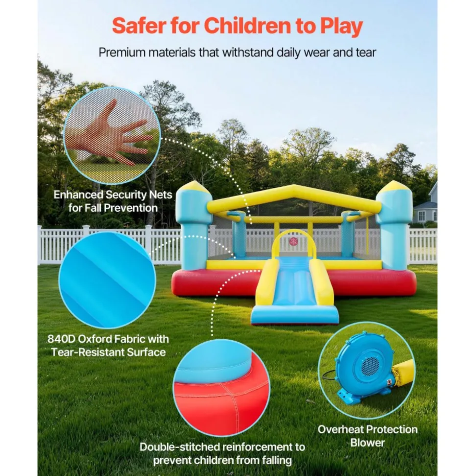 VEVOR Inflatable Bounce House, 14.7 x 13.8 x 6.8 ft Jumping Bouncy Castle, Inflatable Jumper for Kids with Slide, Basketball Hoop, Target Game & Jumping Area, Jumpings House Holds 3-4 Kids (Ages 3-8)