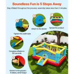VEVOR Inflatable Bounce House, 14.7 x 13.8 x 6.8 ft Jumping Bouncy Castle, Inflatable Jumper for Kids with Slide, Basketball Hoop, Target Game & Jumping Area, Jumpings House Holds 3-4 Kids (Ages 3-8)