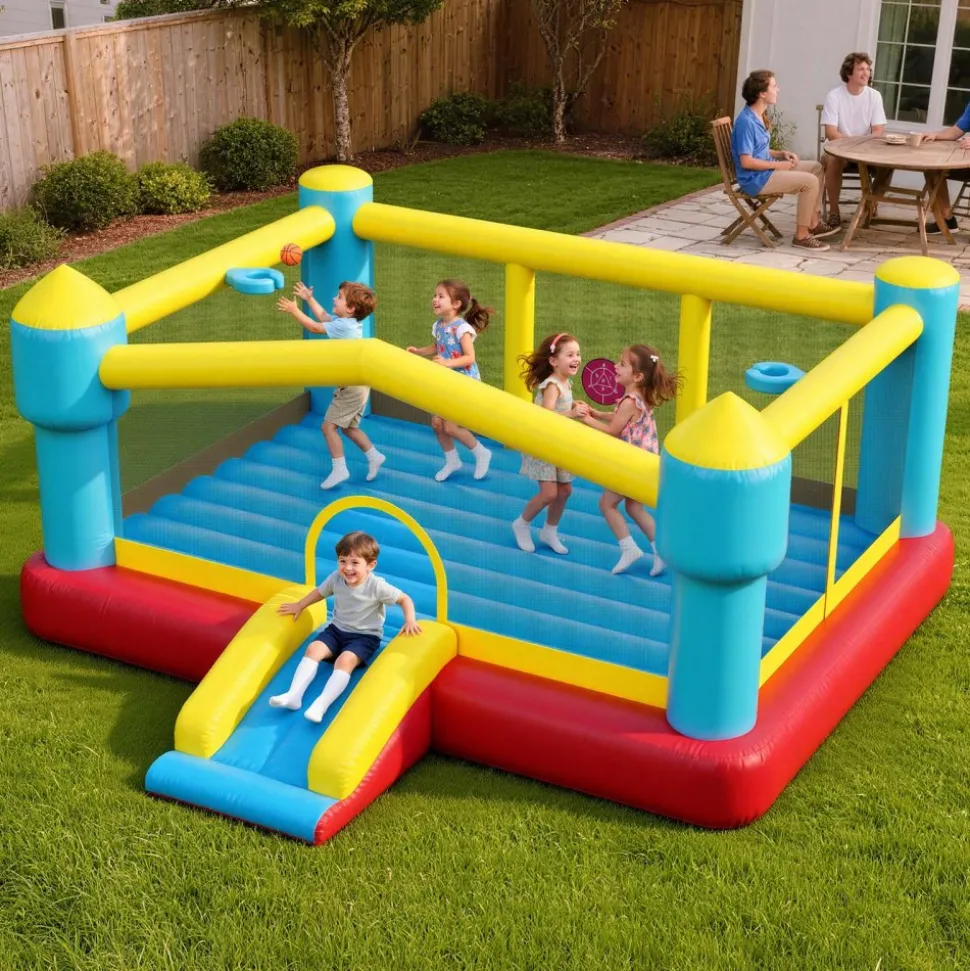 VEVOR Inflatable Bounce House, 14.7 x 13.8 x 6.8 ft Jumping Bouncy Castle, Inflatable Jumper for Kids with Slide, Basketball Hoop, Target Game & Jumping Area, Jumpings House Holds 3-4 Kids (Ages 3-8)