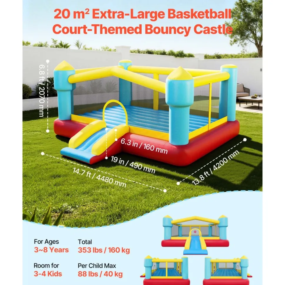 VEVOR Inflatable Bounce House, 14.7 x 13.8 x 6.8 ft Jumping Bouncy Castle, Inflatable Jumper for Kids with Slide, Basketball Hoop, Target Game & Jumping Area, Jumpings House Holds 3-4 Kids (Ages 3-8)