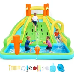 VEVOR Inflatable Bounce House, 13.3 x 11.4 x 8.4 ft Inflatable Bounce House Water Slide, Bouncer Castle with Climbing Wall, Double Tall Slides, Splash Pool & Mini Soccer, for 3 to 4 Kids Ages 3 to 8
