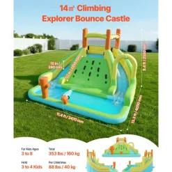 VEVOR Inflatable Bounce House, 13.3 x 11.4 x 8.4 ft Inflatable Bounce House Water Slide, Bouncer Castle with Climbing Wall, Double Tall Slides, Splash Pool & Mini Soccer, for 3 to 4 Kids Ages 3 to 8