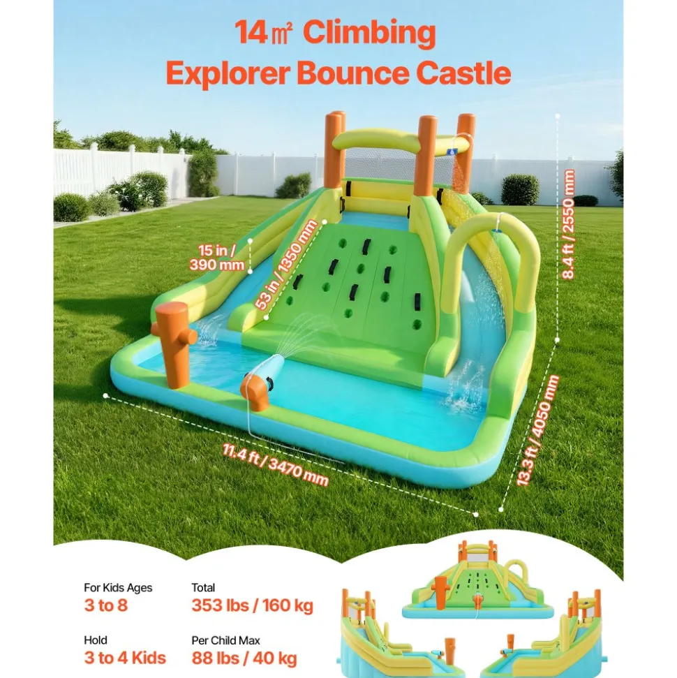 VEVOR Inflatable Bounce House, 13.3 x 11.4 x 8.4 ft Inflatable Bounce House Water Slide, Bouncer Castle with Climbing Wall, Double Tall Slides, Splash Pool & Mini Soccer, for 3 to 4 Kids Ages 3 to 8