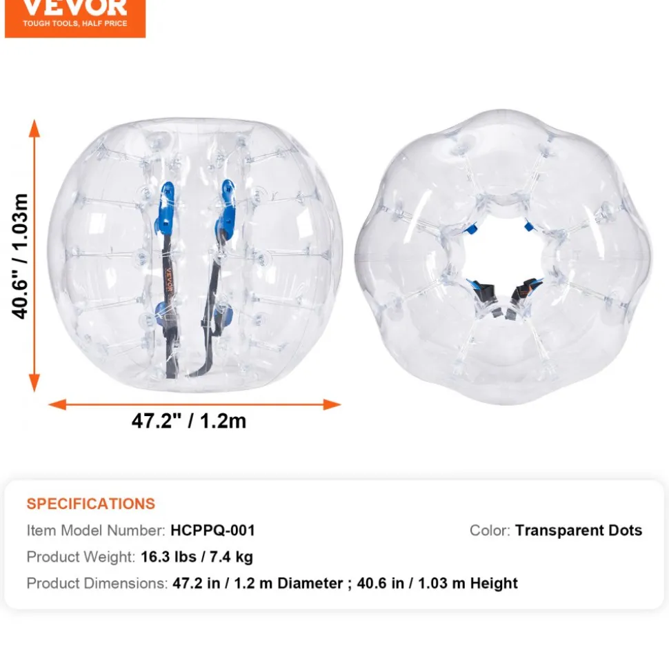 VEVOR Inflatable Bumper Ball 1-Pack, 4FT/1.2M Body Sumo Zorb Balls for Teen & Adult, 0.8mm Thick PVC Human Hamster Bubble Balls for Outdoor Team Gaming Play, Bumper Bopper Toys for Garden, Yard, Park