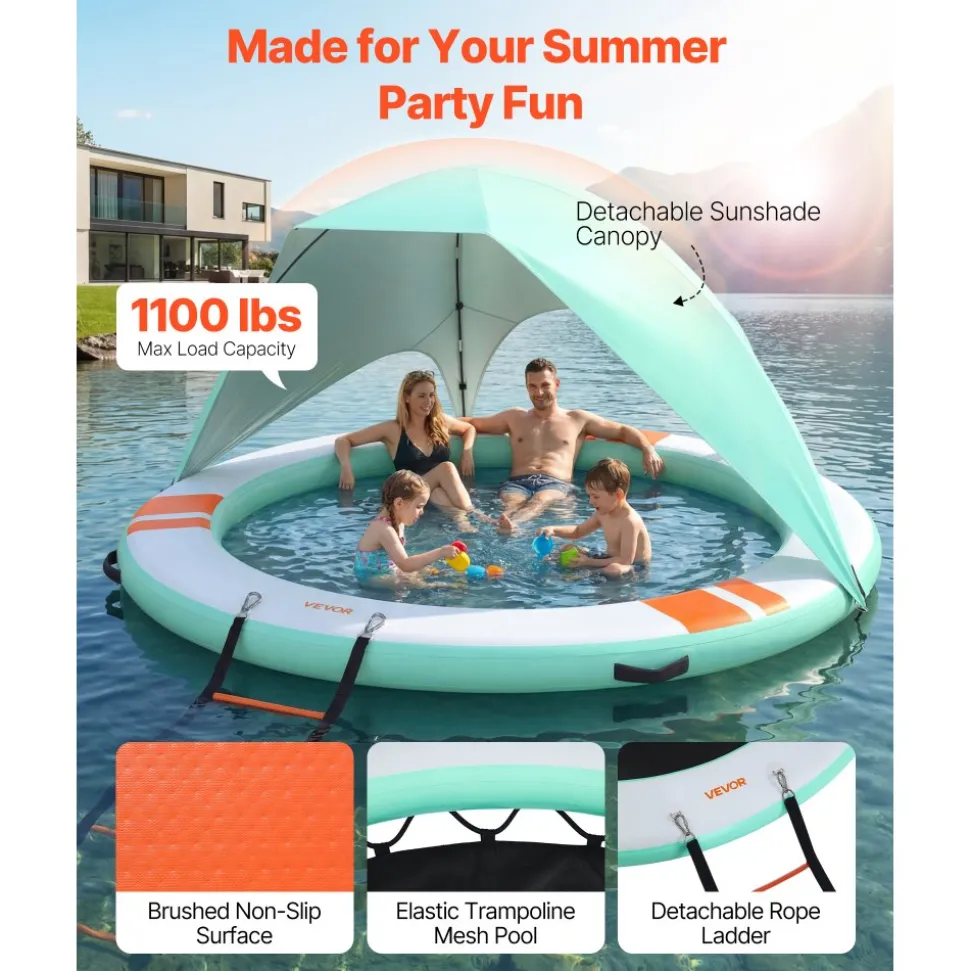 VEVOR Inflatable Floating Dock, 10FT Round Inflatable Dock Platform, Non-Slip Water Floating Mat with Portable Carrying Bag & Detachable Ladder, Platform Island Raft for Pool Beach Ocean