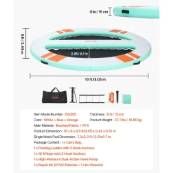VEVOR Inflatable Floating Dock, 10x8 FT Round Inflatable Dock Platform, Non-Slip Water Air Mat with Portable Carrying Bag & Detachable Ladder, Floating Water Platform Island Raft for Pool Beach Ocean