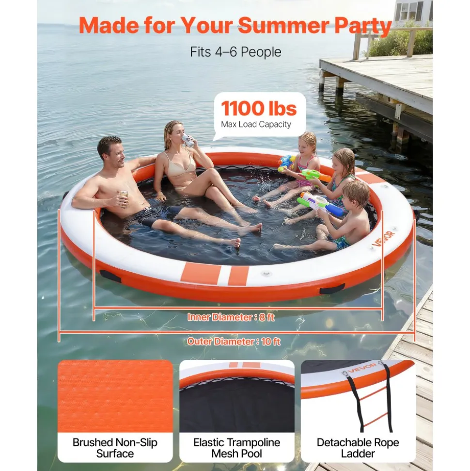 VEVOR Inflatable Floating Dock, 10 FT Inflatable Dock Platform, Non-Slip Water Air Mat with Portable Carrying Bag & Detachable Ladder, Floating Water Platform Island Raft for Pool Beach Ocean, Orange