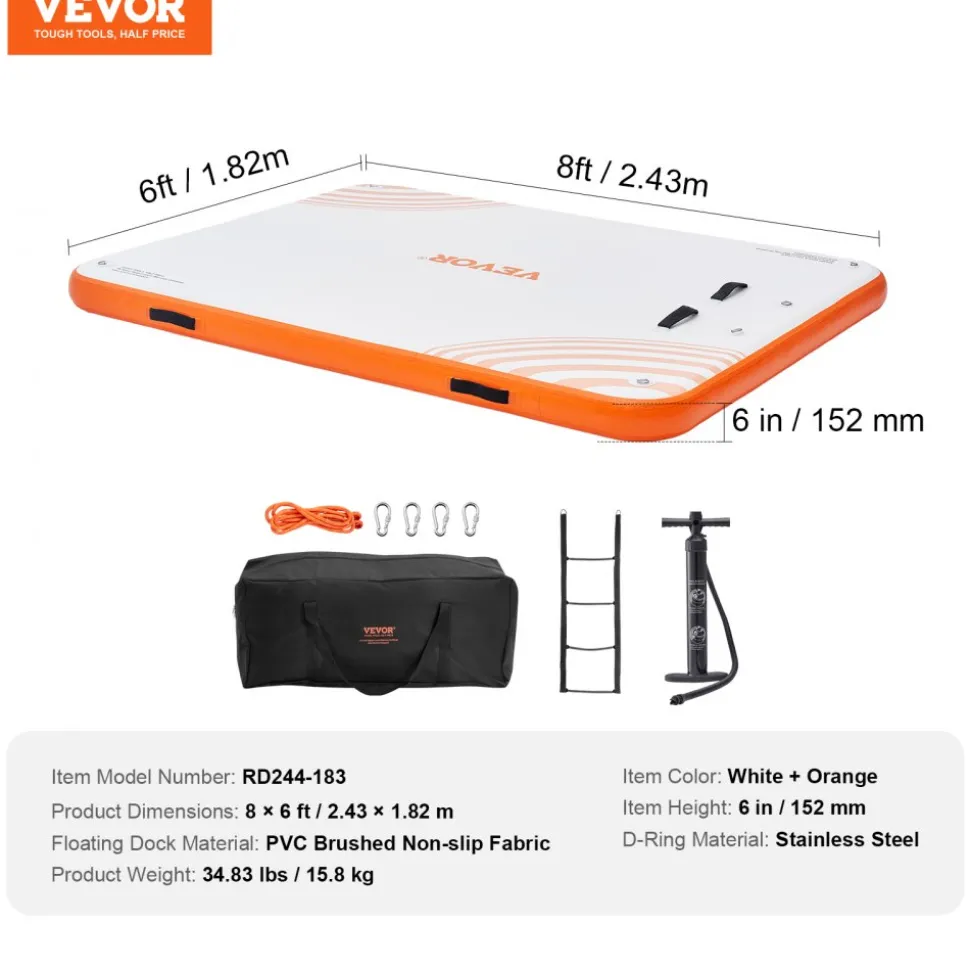 VEVOR Inflatable Floating Dock, 10 x 10FT Inflatable Dock Platform, Non-Slip Water Floating Dock Mat with Portable Carrying Bag & Detachable Ladder, Floating Platform Island Raft for Pool Beach Ocean