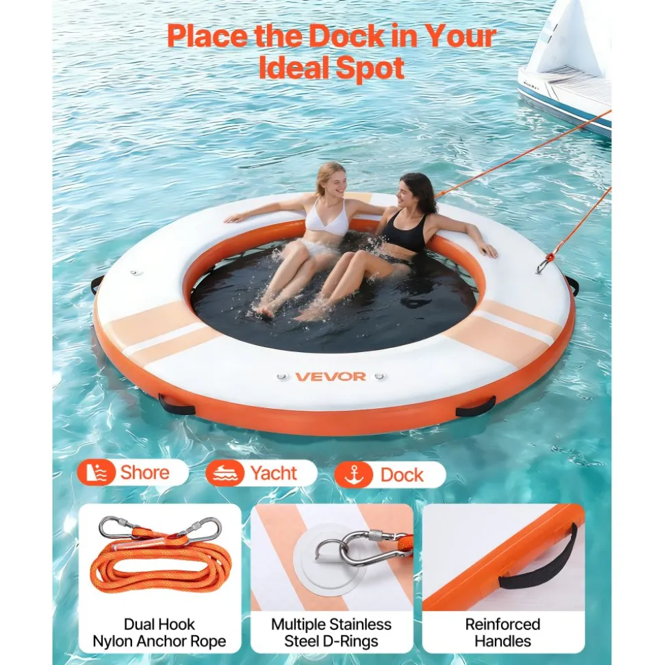VEVOR Inflatable Floating Dock, 8 FT Inflatable Dock Platform, Non-Slip Water Air Mat with Portable Carrying Bag and Detachable Ladder, Floating Water Platform Island Raft for Pool Beach Ocean, Orange