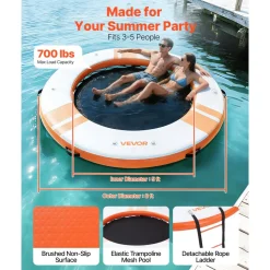 VEVOR Inflatable Floating Dock, 8 FT Inflatable Dock Platform, Non-Slip Water Air Mat with Portable Carrying Bag and Detachable Ladder, Floating Water Platform Island Raft for Pool Beach Ocean, Orange