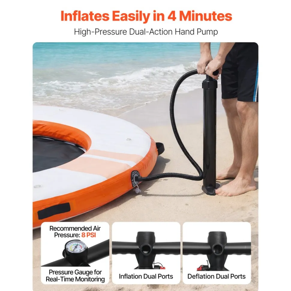 VEVOR Inflatable Floating Dock, 8 FT Inflatable Dock Platform, Non-Slip Water Air Mat with Portable Carrying Bag and Detachable Ladder, Floating Water Platform Island Raft for Pool Beach Ocean, Orange