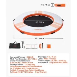 VEVOR Inflatable Floating Dock, 8 FT Inflatable Dock Platform, Non-Slip Water Air Mat with Portable Carrying Bag and Detachable Ladder, Floating Water Platform Island Raft for Pool Beach Ocean, Orange