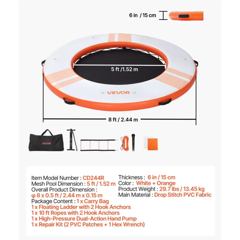 VEVOR Inflatable Floating Dock, 8 FT Inflatable Dock Platform, Non-Slip Water Air Mat with Portable Carrying Bag and Detachable Ladder, Floating Water Platform Island Raft for Pool Beach Ocean, Orange
