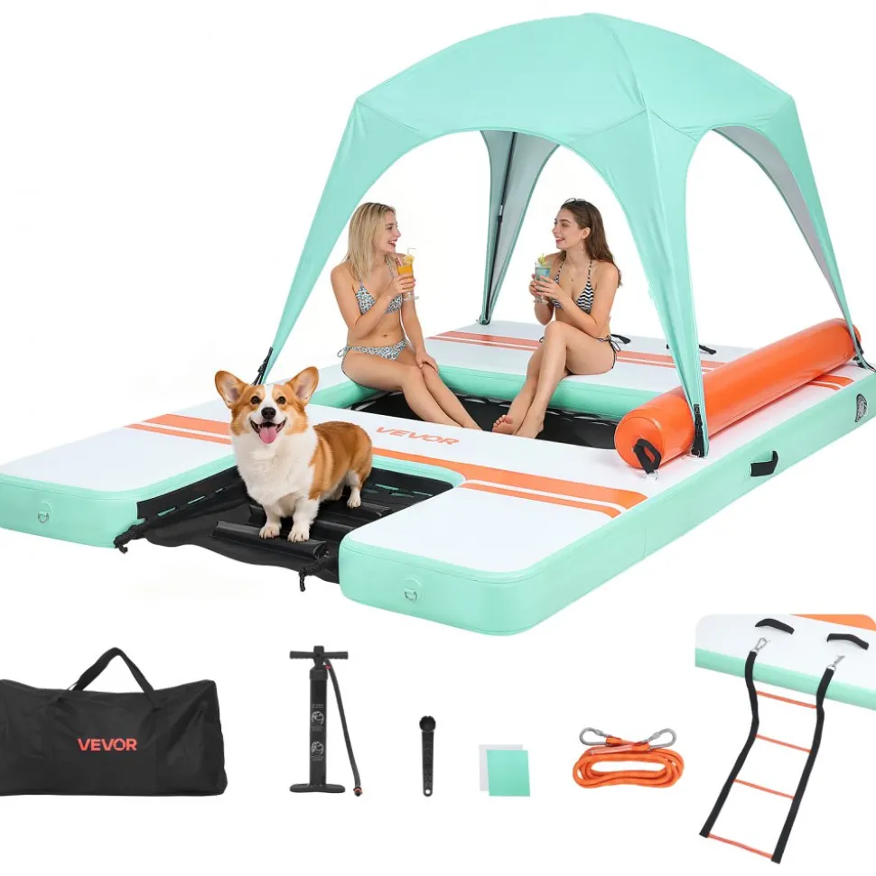 VEVOR Inflatable Floating Dock, 10 x 6 FT Inflatable Dock Platform, Non-Slip Water Air Mat with Portable Carrying Bag and Detachable Ladder, Floating Water Platform Island Raft for Pool Beach Ocean