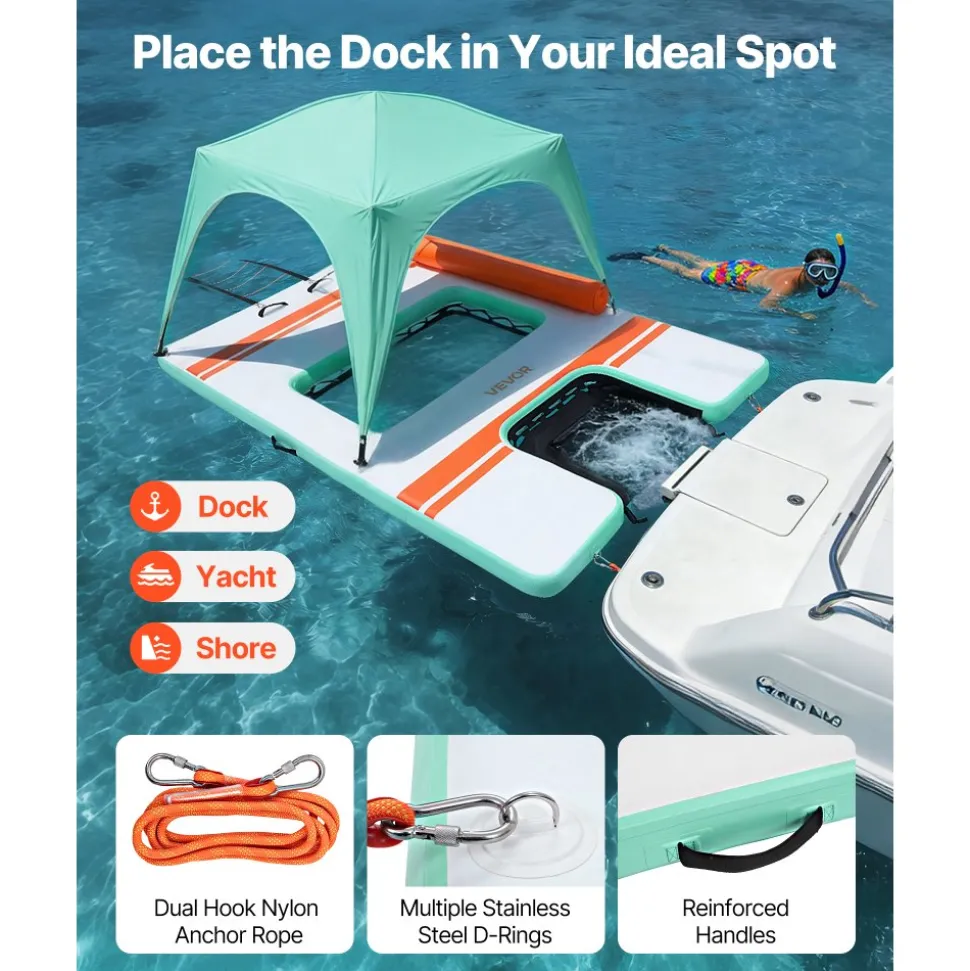 VEVOR Inflatable Floating Dock, 10 x 6 FT Inflatable Dock Platform, Non-Slip Water Air Mat with Portable Carrying Bag and Detachable Ladder, Floating Water Platform Island Raft for Pool Beach Ocean