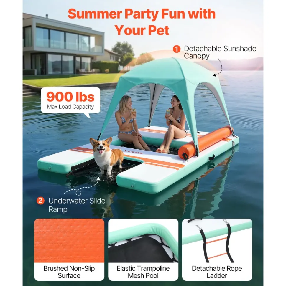VEVOR Inflatable Floating Dock, 10 x 6 FT Inflatable Dock Platform, Non-Slip Water Air Mat with Portable Carrying Bag and Detachable Ladder, Floating Water Platform Island Raft for Pool Beach Ocean