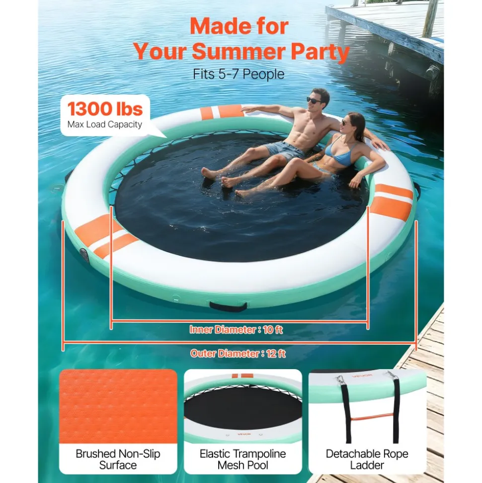 VEVOR Inflatable Floating Dock, 12 FT Round Inflatable Dock Platform, Non-Slip Water Air Mat with Portable Carrying Bag and Detachable Ladder, Floating Water Platform Island Raft for Pool Beach Ocean