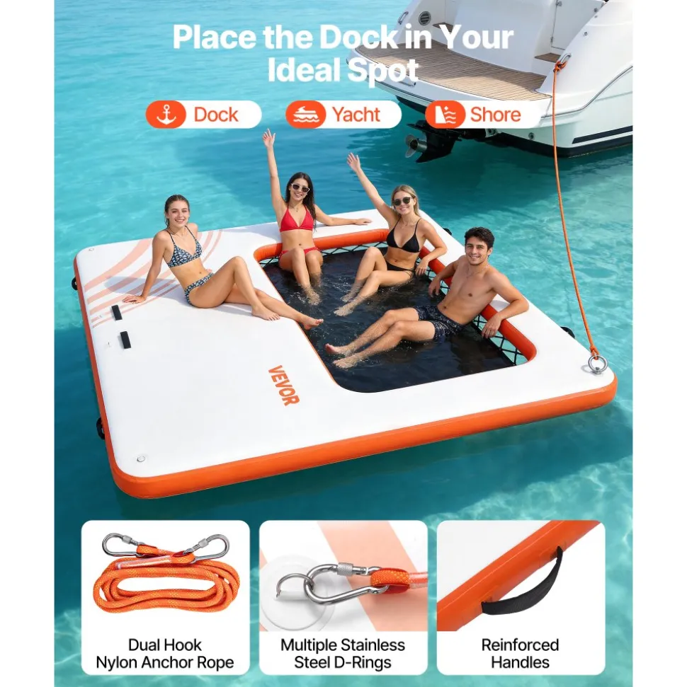VEVOR Inflatable Floating Dock, 8 x 5FT Inflatable Dock Platform, Non-Slip Water Floating Dock Mat with Portable Carrying Bag & Detachable Ladder, Floating Platform Island Raft for Pool Beach Ocean