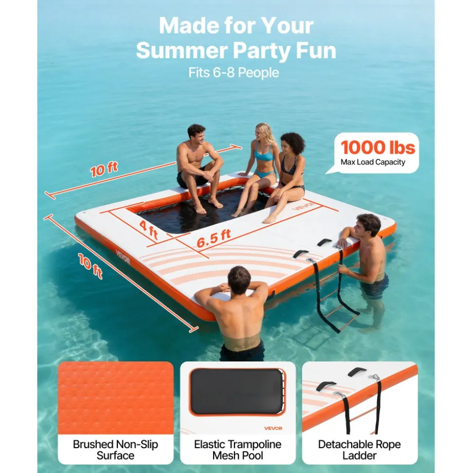 VEVOR Inflatable Floating Dock, 8 x 5FT Inflatable Dock Platform, Non-Slip Water Floating Dock Mat with Portable Carrying Bag & Detachable Ladder, Floating Platform Island Raft for Pool Beach Ocean