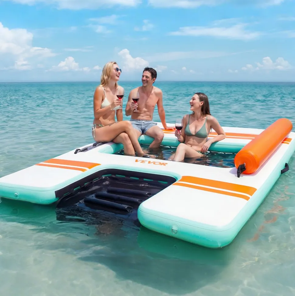 VEVOR Inflatable Floating Dock, 8 x 6 FT Inflatable Dock Platform, Non-Slip Water Air Mat with Portable Carrying Bag and Detachable Ladder, Floating Water Platform Island Raft for Pool Beach Ocean