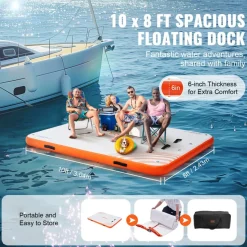 VEVOR Inflatable Floating Dock, 10 x 8FT Inflatable Dock Platform, Non-Slip Water Floating Dock Mat with Detachable Ladder & Portable Carrying Bag, Floating Platform Island Raft for Ocean Pool Beach