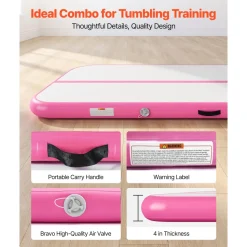 VEVOR Inflatable Gymnastics Air Mat 20 ft Training Mats w/ Electric Pump, 4 inches Thick Sturdy Tumble Track, Tumbling Mat for Home Use/Gym/Outdoor/Yoga/Cheerleading/Beach/Park/Water, Pink
