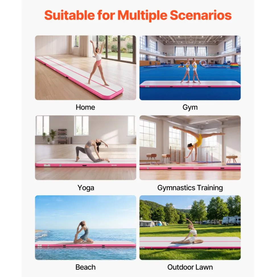 VEVOR Inflatable Gymnastics Air Mat 20 ft Training Mats w/ Electric Pump, 4 inches Thick Sturdy Tumble Track, Tumbling Mat for Home Use/Gym/Outdoor/Yoga/Cheerleading/Beach/Park/Water, Pink