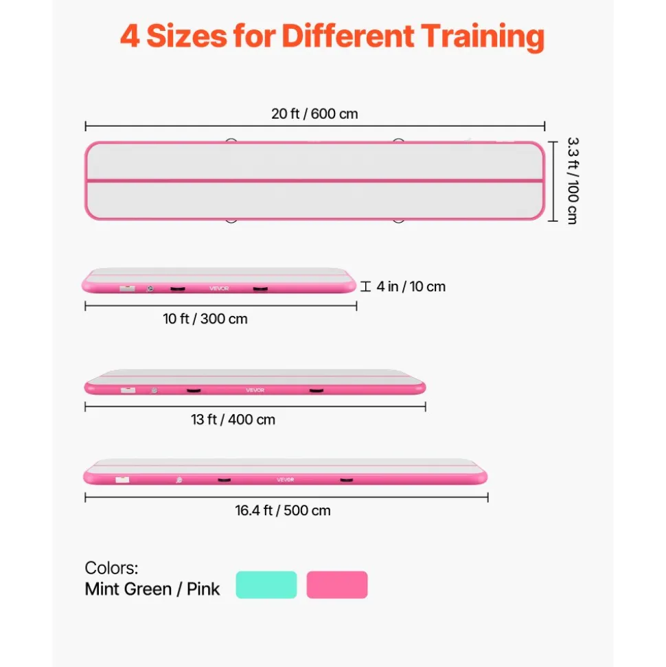VEVOR Inflatable Gymnastics Air Mat 20 ft Training Mats w/ Electric Pump, 4 inches Thick Sturdy Tumble Track, Tumbling Mat for Home Use/Gym/Outdoor/Yoga/Cheerleading/Beach/Park/Water, Pink