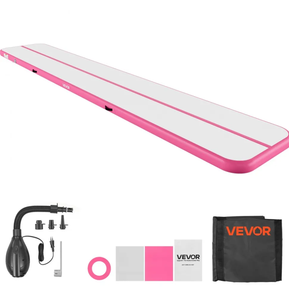 VEVOR Inflatable Gymnastics Air Mat 20 ft Training Mats w/ Electric Pump, 4 inches Thick Sturdy Tumble Track, Tumbling Mat for Home Use/Gym/Outdoor/Yoga/Cheerleading/Beach/Park/Water, Pink