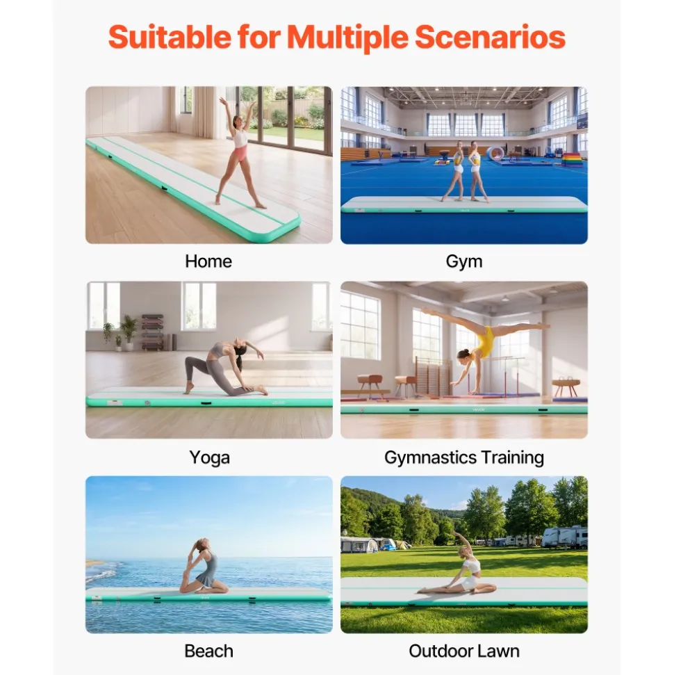 VEVOR Inflatable Gymnastics Air Mat 16.4 ft Training Mats w/ Electric Pump, 4 inches Thick Sturdy Tumble Track, Tumbling Mat for Home Use/Gym/Outdoor/Yoga/Cheerleading/Beach/Park/Water, Mint Green