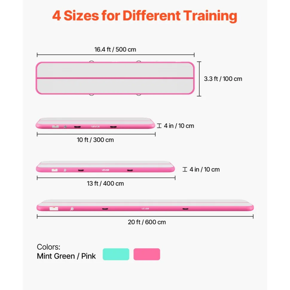 VEVOR Inflatable Gymnastics Air Mat 10 ft Training Mats w/ Electric Pump, 4 inches Thick Sturdy Tumble Track, Tumbling Mat for Home Use/Gym/Outdoor/Yoga/Cheerleading/Beach/Park/Water, Mint Green