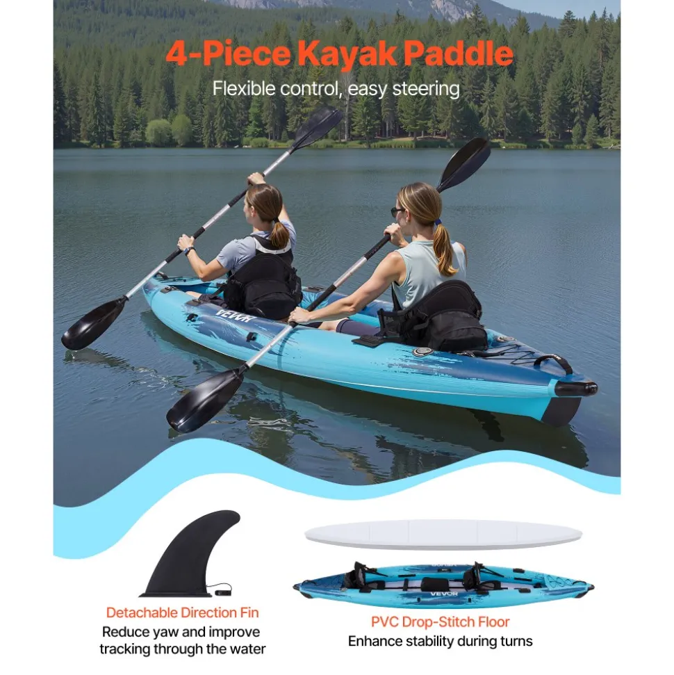 VEVOR Inflatable Kayak, 2-Person Inflatable Recreational Kayak 700LBS Capacity, Leak & Puncture-Resistant with Padded Seat, PVC Drop-Stitch Floor, 2 Paddles, Hand Pump & Carry Bag for Fishing Camping