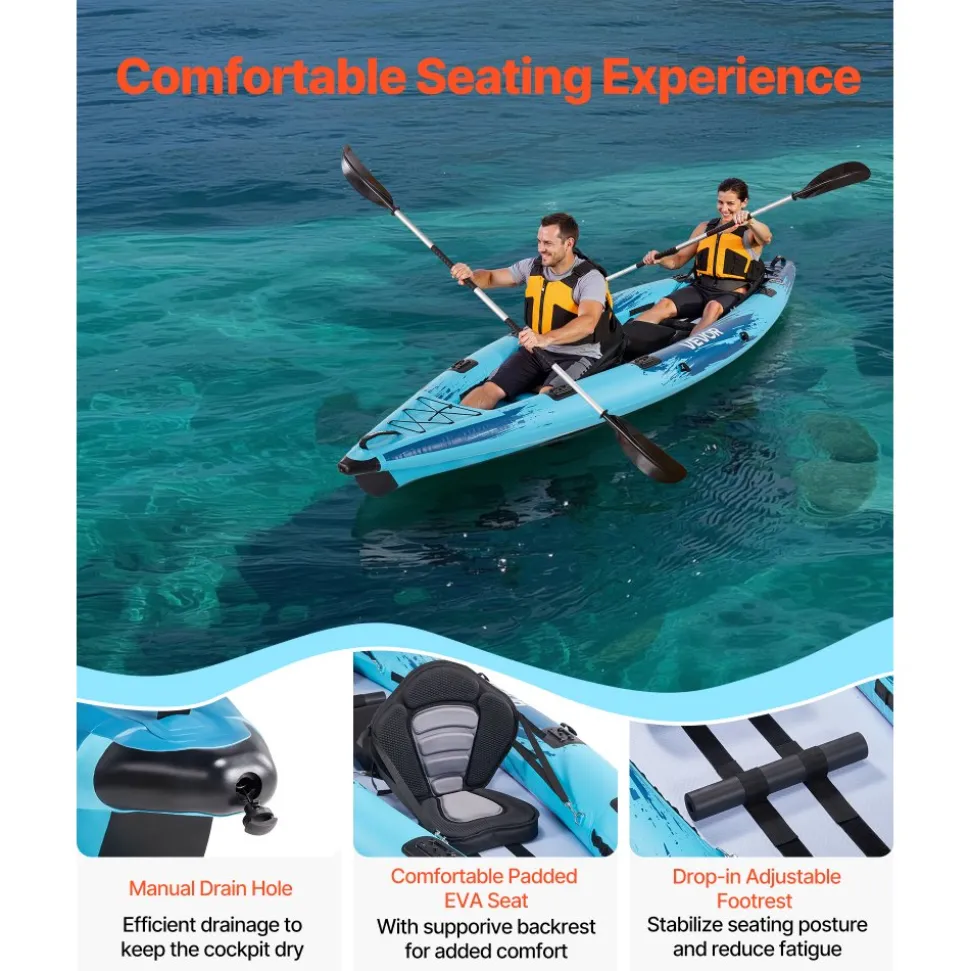 VEVOR Inflatable Kayak, 2-Person Inflatable Recreational Kayak 700LBS Capacity, Leak & Puncture-Resistant with Padded Seat, PVC Drop-Stitch Floor, 2 Paddles, Hand Pump & Carry Bag for Fishing Camping