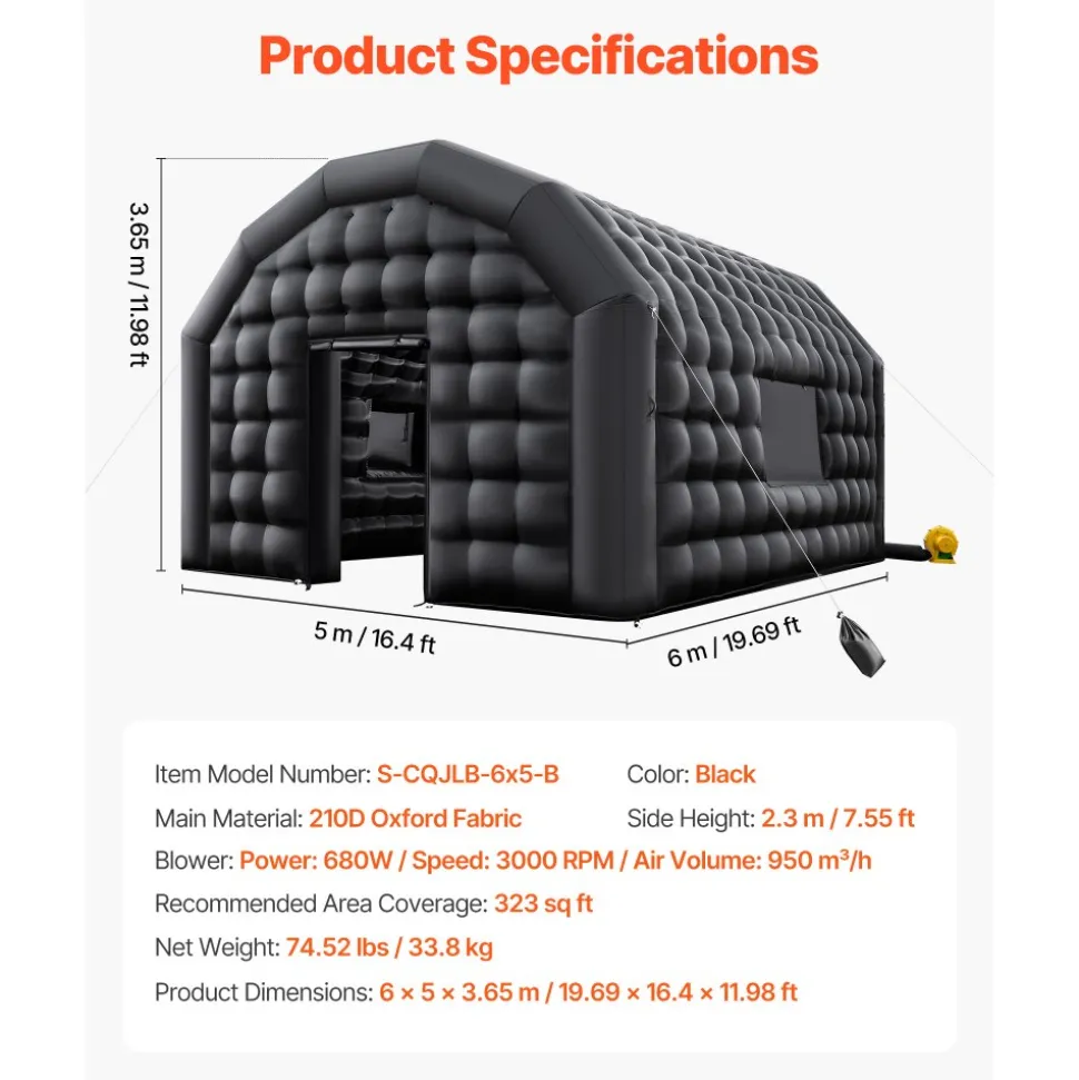 VEVOR Inflatable Nightclub, 19.7 x 16.4 x 12 ft Inflatable Party Tent with 680W Blower & Sandbag, Ventilated Blow up Night Club with 2 Windows, Air Cube House for Event Birthday Wedding Party