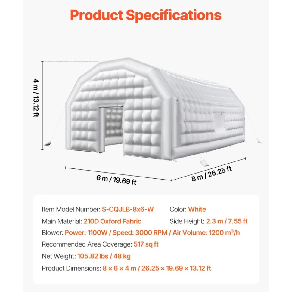 VEVOR Inflatable Nightclub, 26.2 x 19.7 x 13.1 ft Inflatable Party Tent with 1100W Blower & Sandbag, Blow up Night Club with 2 Windows, Air Cube House for Event Birthday Wedding Party, White