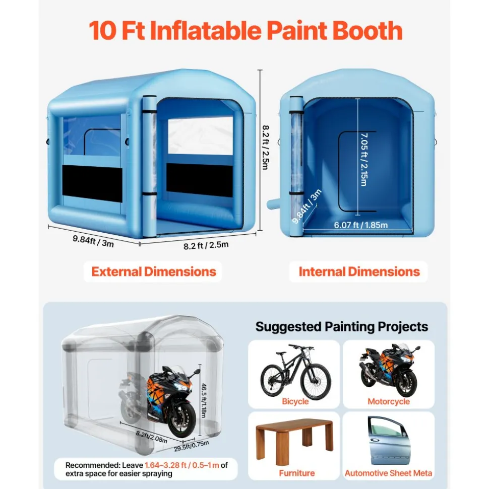 VEVOR Inflatable Paint Booth, 9.84 x 8.2 x 8.2 ft, Inflatable Spray Booth with 550W Powerful Blower and Air Filter System, Round Roof with Light Hook, for Painting Bicycle, Motorcycle, and Furniture