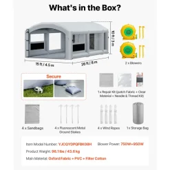 VEVOR Inflatable Paint Booth, 39 x 16 x 13 ft, Portable Spray Booth with 950W+1100W Blowers, Large Filter Cotton, Changing Area, Arched Roof Painting Tent for Heavy-Duty Pickup Truck and Van, Gray