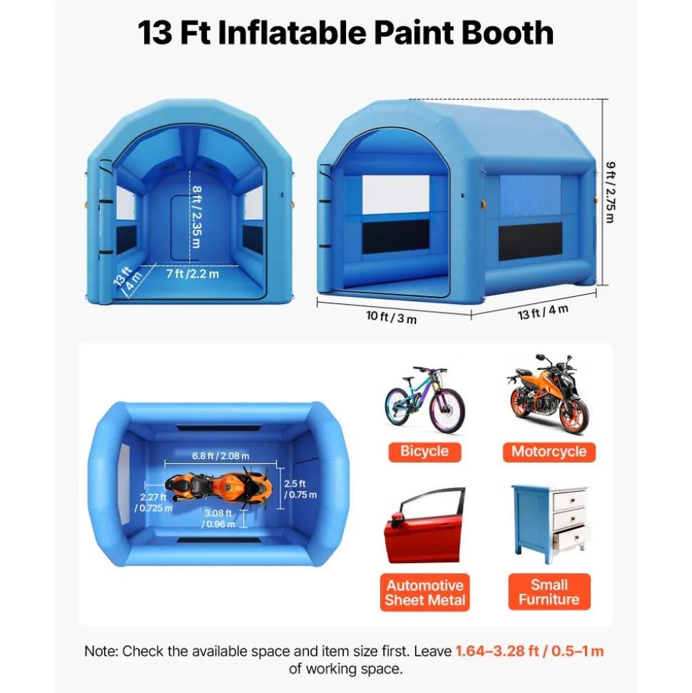 VEVOR Inflatable Paint Booth, 13 x 10 x 9 ft, Portable Spray Booth with 750W Powerful Blower and Large Filter Cotton, Arched Roof Blow Up Painting Tent for Bike, Motorcycle, and Furniture, Blue