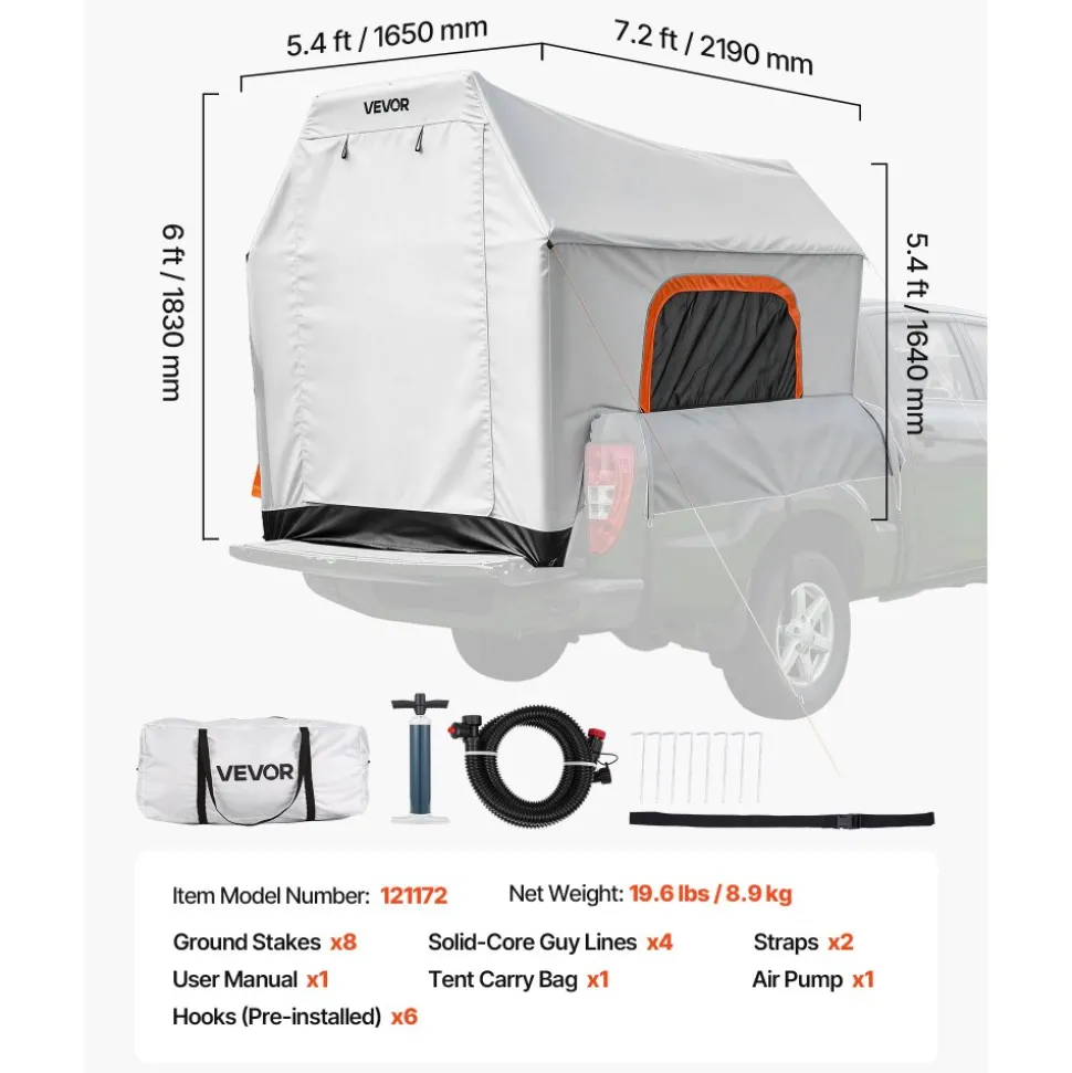 VEVOR Inflatable Pickup Truck Tent, 7.2 x 5.4 FT 3-Season Truck Bed Tent with Ventilated Mesh Windows, PU2000mm Waterproof Pickup Camping Tents for Outdoor Hiking Activities - Air Pump Included