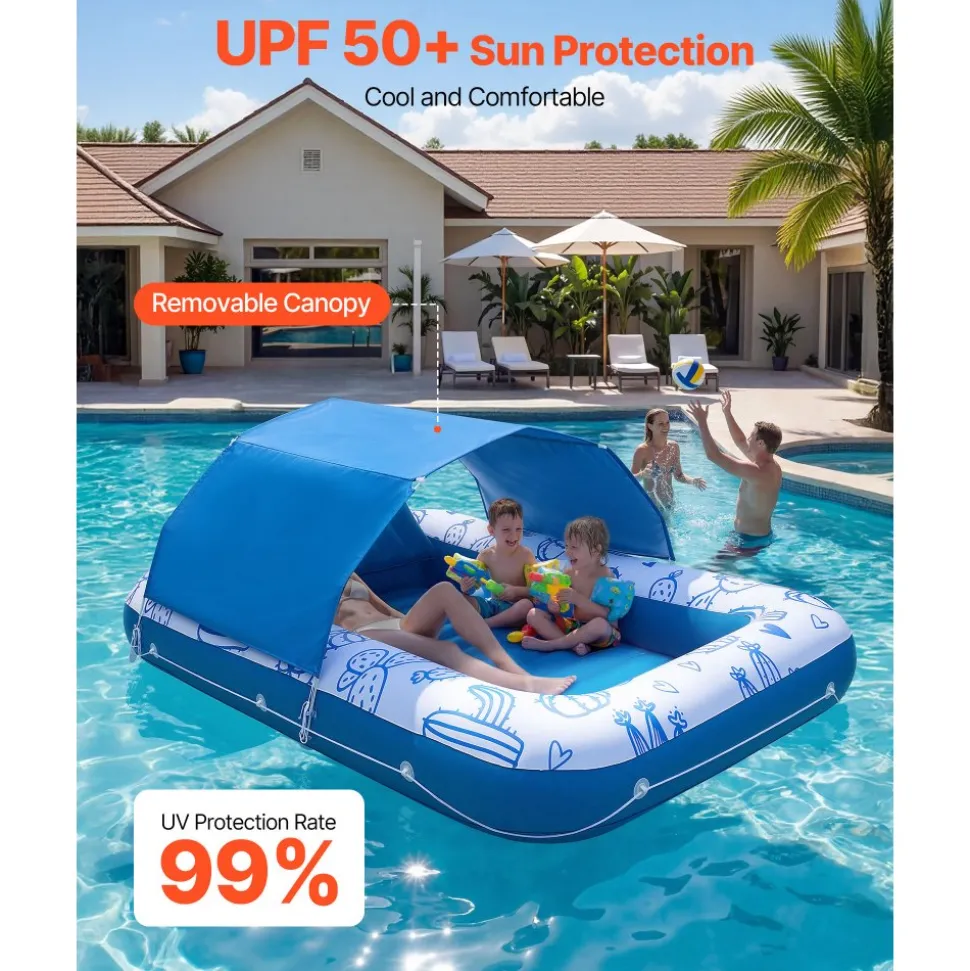 VEVOR Inflatable Pool Float with UPF 50+ Canopy, 82" x 55" Large Tanning Pool Floating Lounger for Adults, 550LBS Capacity Sunbathing Lounger Floaties with Pillow, Phone & Cup Holder for Water Fun