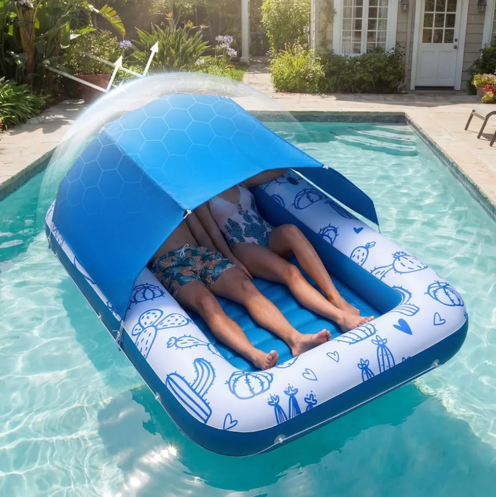 VEVOR Inflatable Pool Float with UPF 50+ Canopy, 82" x 55" Large Tanning Pool Floating Lounger for Adults, 550LBS Capacity Sunbathing Lounger Floaties with Pillow, Phone & Cup Holder for Water Fun