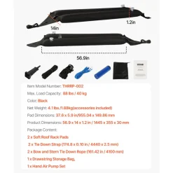 VEVOR Inflatable Soft Roof Rack Bars, 37.6-Inch Universal Car Roof Rack Pads, 88LBS Loading Luggage Kayak Carrier with 2 Tie-Down Straps & Ropes, Hand Air Pump, Storage Bag for Canoes Surfboards SUPs